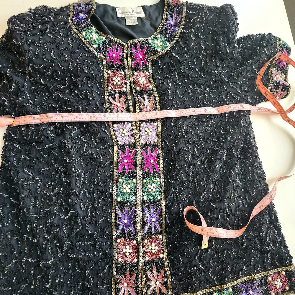 Vintage Laurence Kazar NY Embellished Sequin Beaded Black Jacket Top Large Silk - Picture 9 of 9